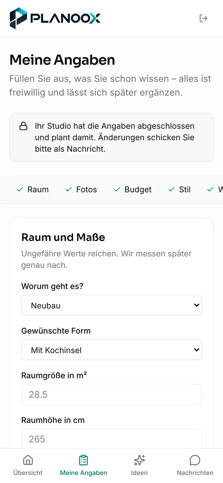 Kundenportal Angaben zu Raum und Maßen