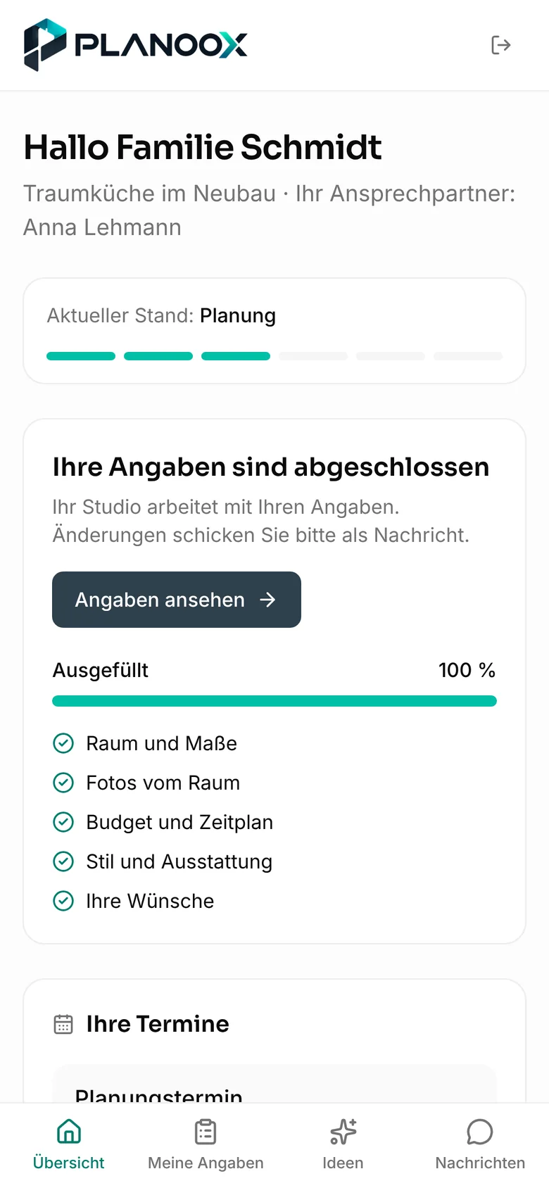 Kundenportal Übersicht mit Projektstand