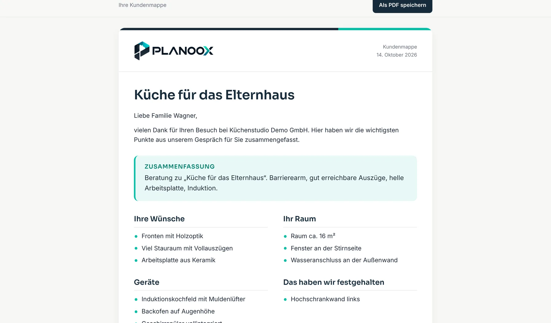 Kundenmappe mit Zusammenfassung des Gesprächs