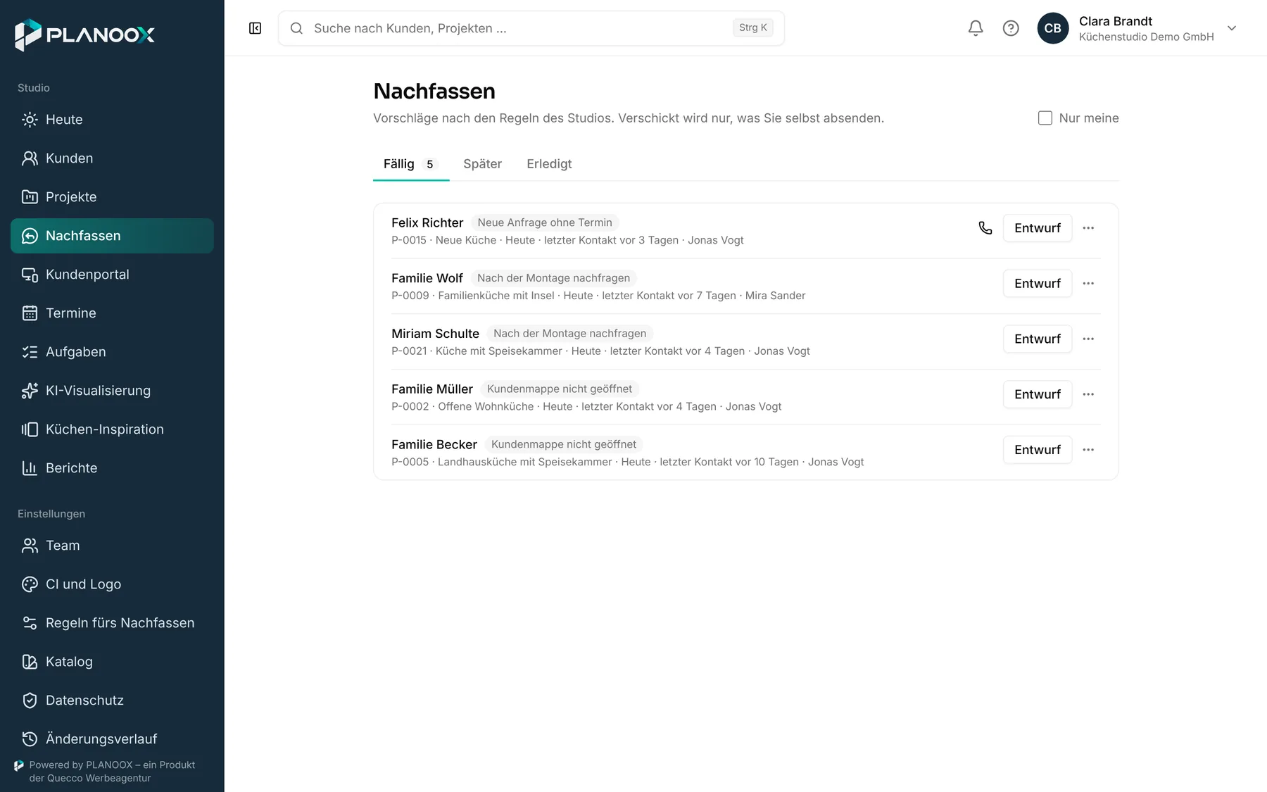 Liste der fälligen Nachfass-Kontakte mit Anlass und Entwurf