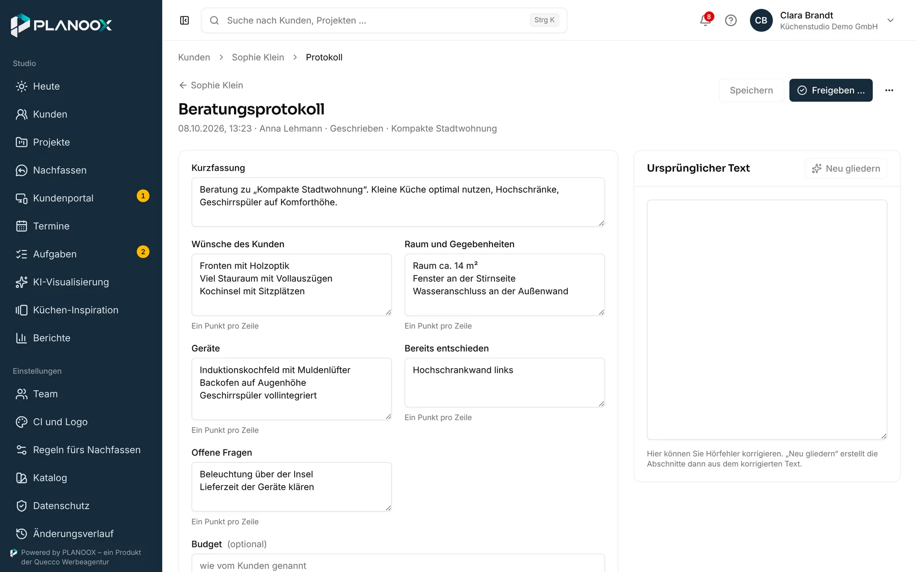 Beratungsprotokoll mit Abschnitten für Wünsche, Raum und Geräte