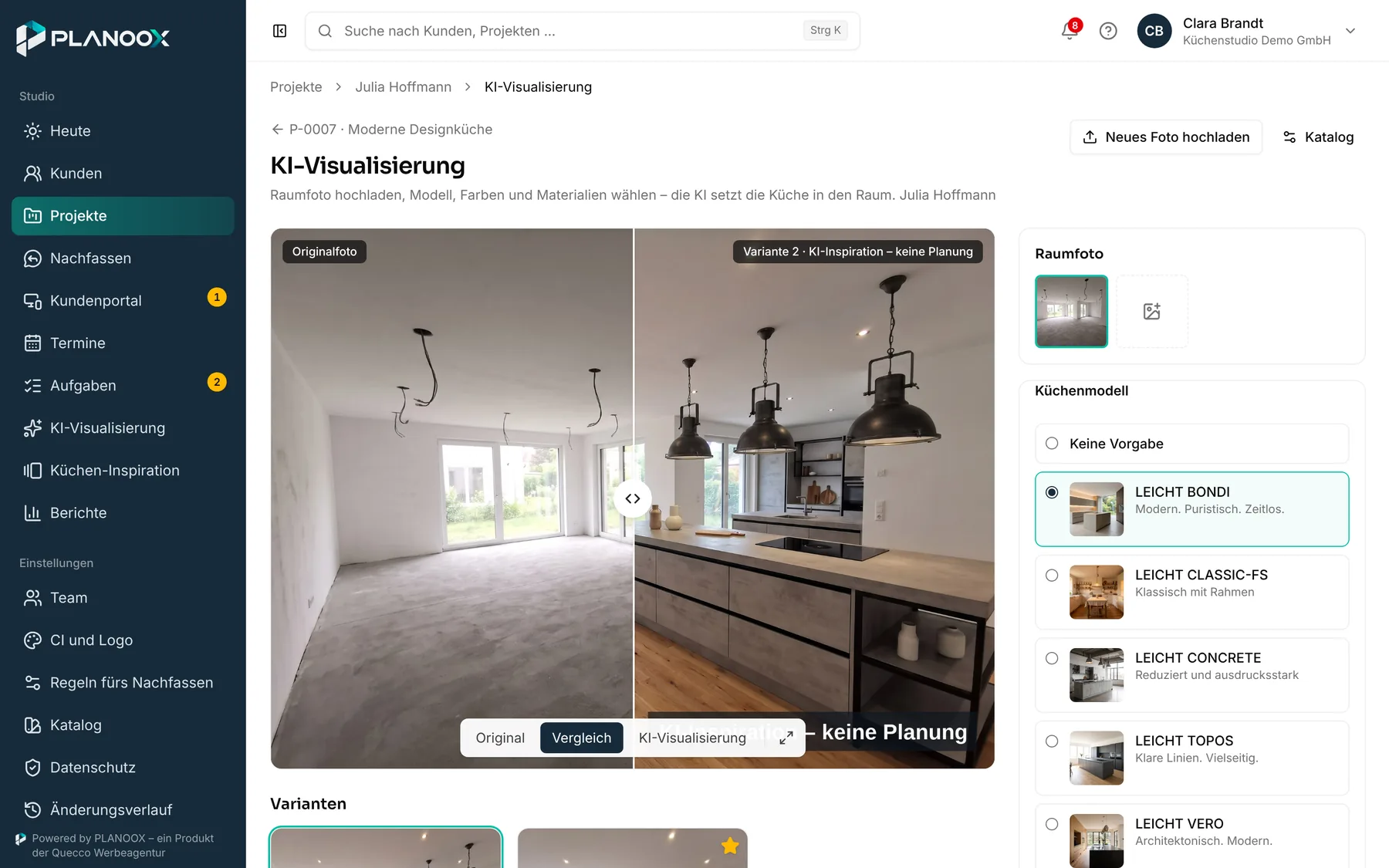 KI-Visualisierung mit Vergleichsregler und Katalogauswahl